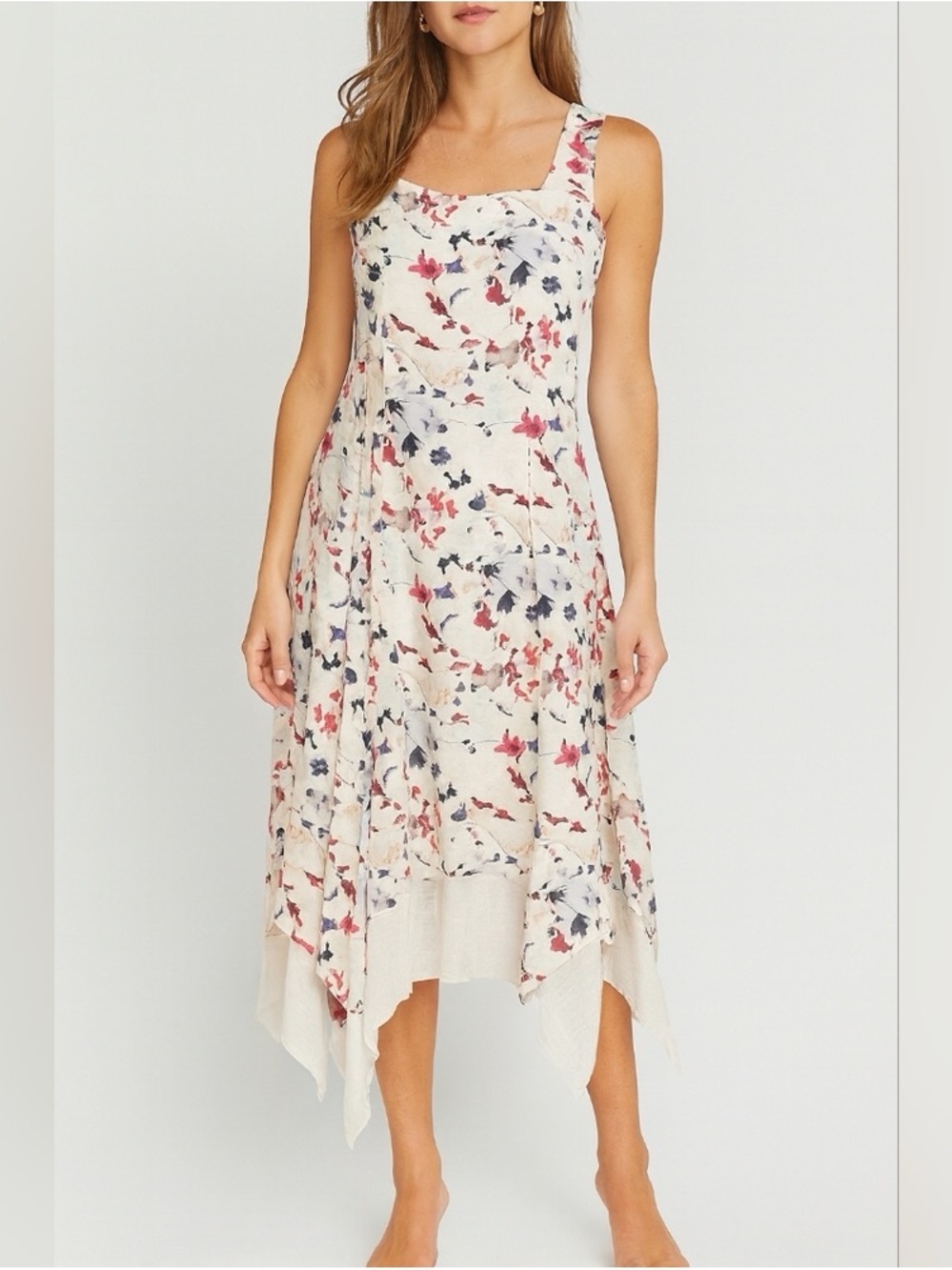 For Cynthia Linen Blend Cream Floral Handkerchief Hem Sundress